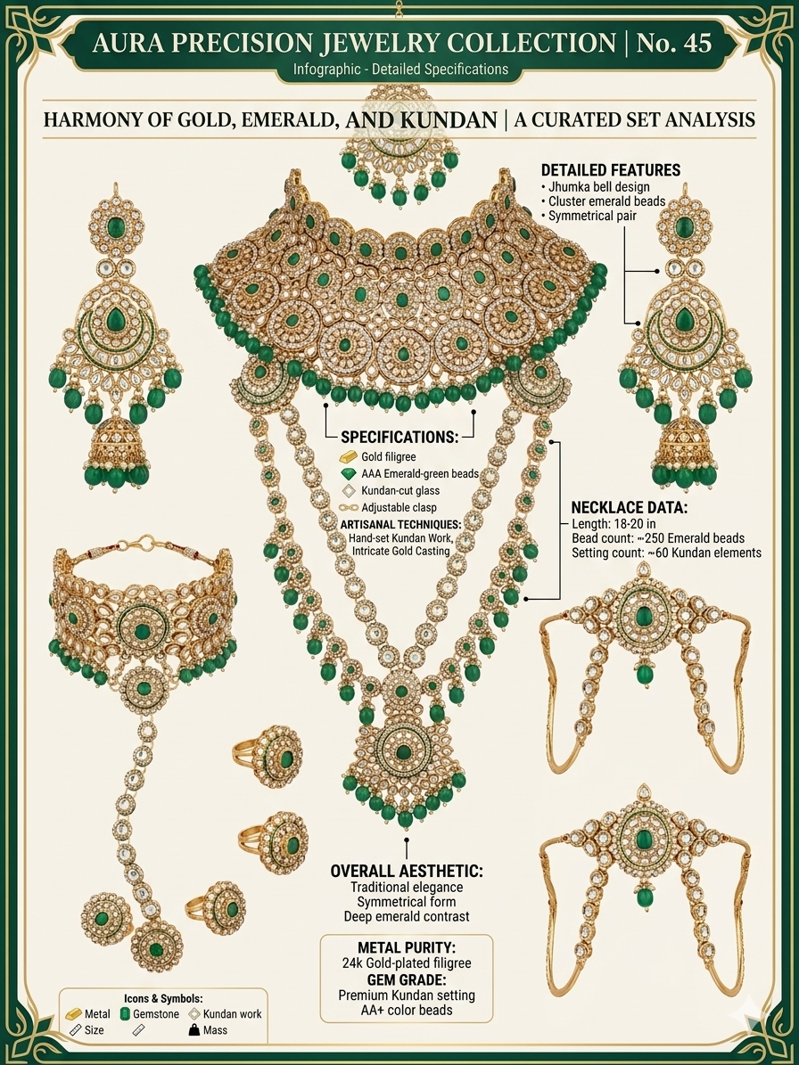Aura Precision Kundan Jewelry Set for Women, Gold Plated Emerald Bead Bridal Necklace Set with Jhumka Earrings, Ring, Bracelet & Traditional Wedding Accessories