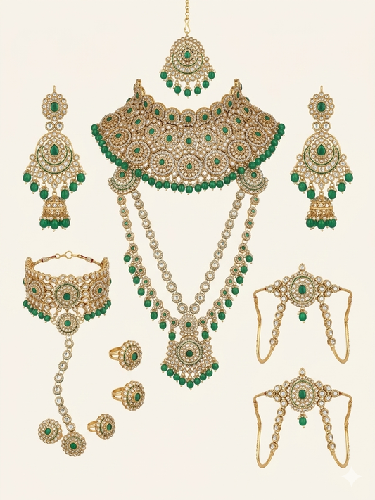 Aura Precision Kundan Jewelry Set for Women, Gold Plated Emerald Bead Bridal Necklace Set with Jhumka Earrings, Ring, Bracelet & Traditional Wedding Accessories