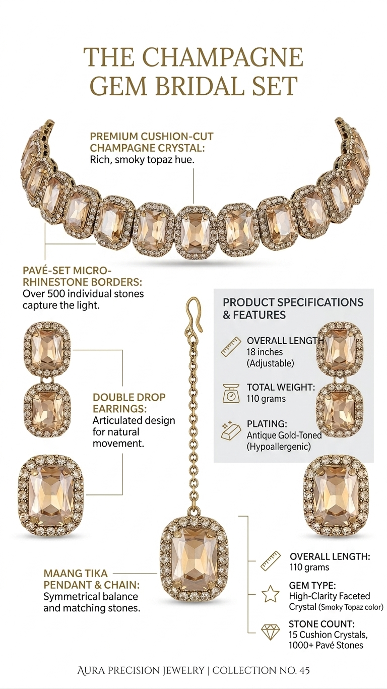Aura Precision Champagne Crystal Bridal Jewelry Set for Women, Antique Gold Plated Necklace with Matching Earrings & Maang Tikka, Luxury Wedding & Party Wear Jewelry