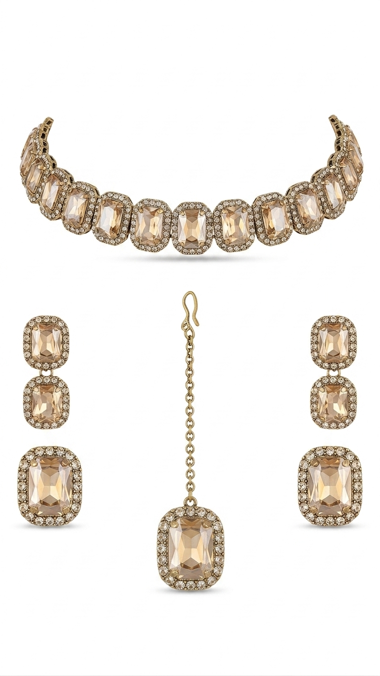 Aura Precision Champagne Crystal Bridal Jewelry Set for Women, Antique Gold Plated Necklace with Matching Earrings & Maang Tikka, Luxury Wedding & Party Wear Jewelry