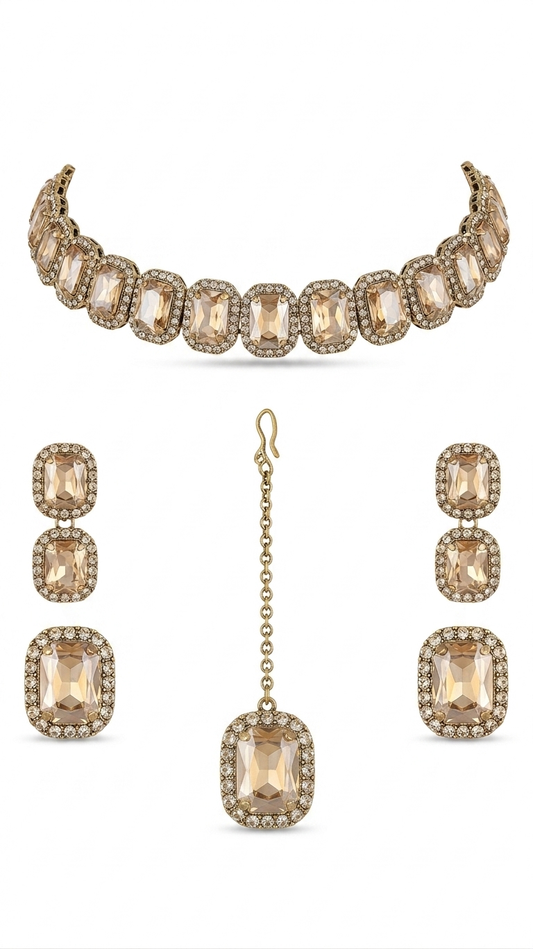 Aura Precision Champagne Crystal Bridal Jewelry Set for Women, Antique Gold Plated Necklace with Matching Earrings & Maang Tikka, Luxury Wedding & Party Wear Jewelry