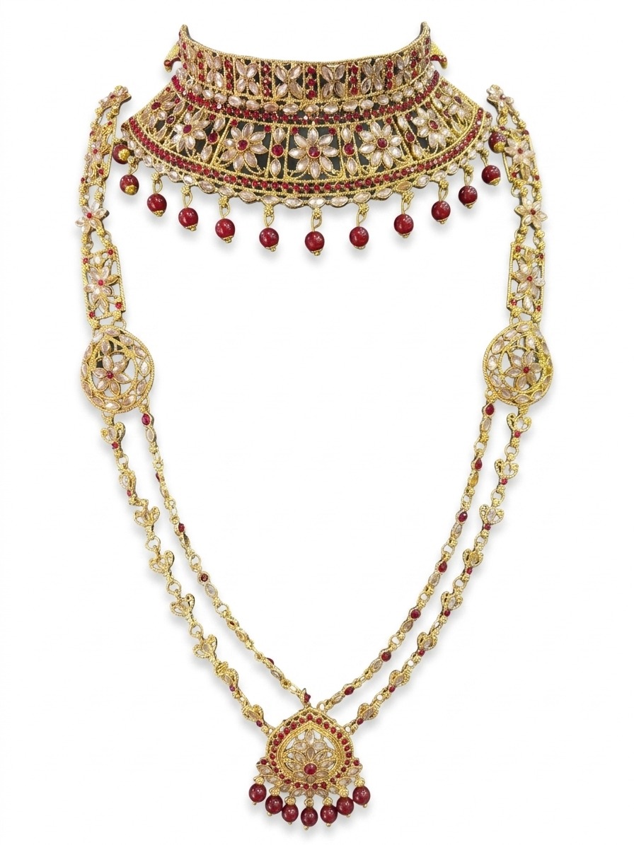 Aura Precision Bridal Jewelry Set for Women, 18K Gold Plated Kundan Necklace Set with Choker, Jhumka Earrings, Matha Patti, Haath Phool & Bangles for Wedding & Party Wear