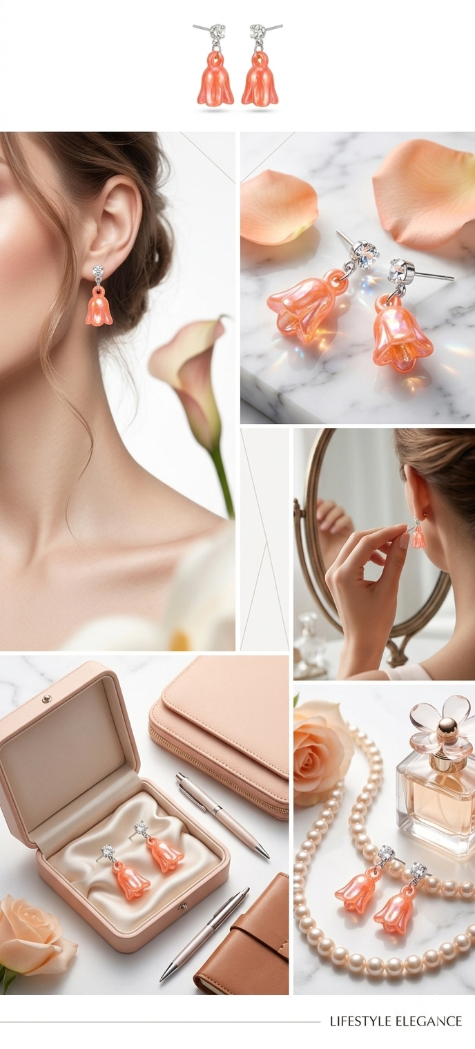Elegant Shimmer Flower Dangle Earrings – Iridescent Peach Bell Flower Drop Pendant with Premium Faceted Crystal Stud, Hypoallergenic Silver-Tone Daily Fashion Jewelry for Women