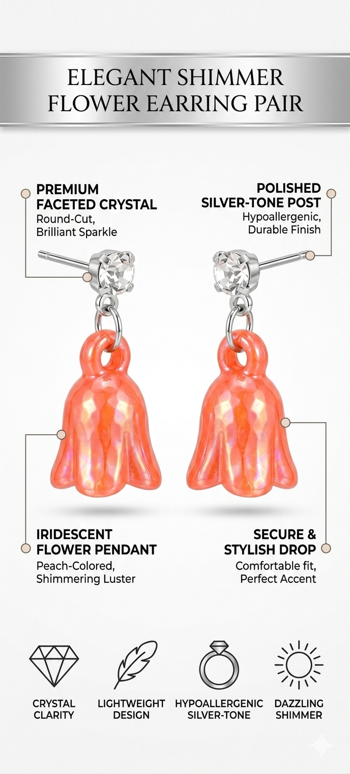 Elegant Shimmer Flower Dangle Earrings – Iridescent Peach Bell Flower Drop Pendant with Premium Faceted Crystal Stud, Hypoallergenic Silver-Tone Daily Fashion Jewelry for Women