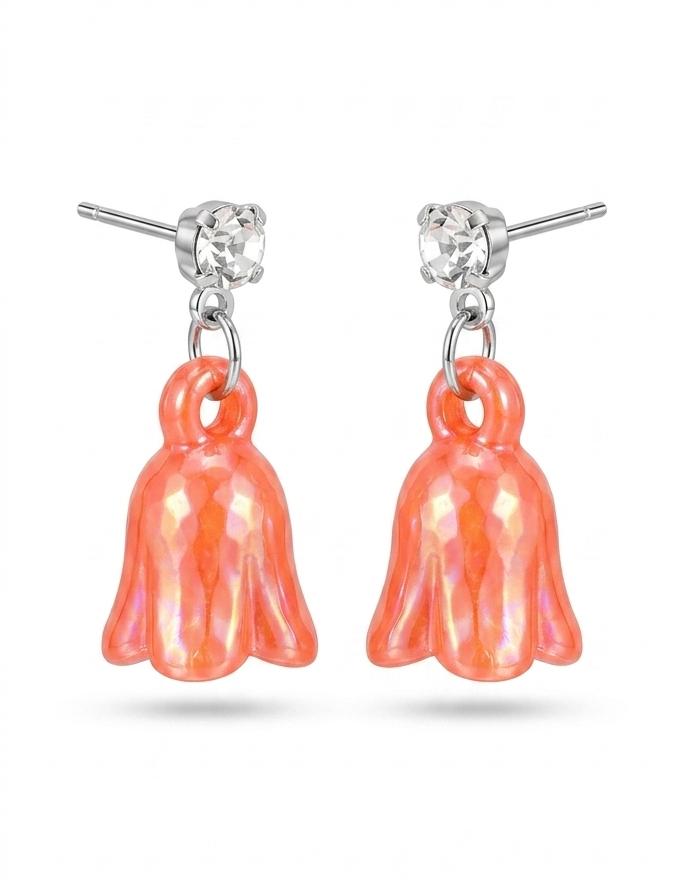 Elegant Shimmer Flower Dangle Earrings – Iridescent Peach Bell Flower Drop Pendant with Premium Faceted Crystal Stud, Hypoallergenic Silver-Tone Daily Fashion Jewelry for Women