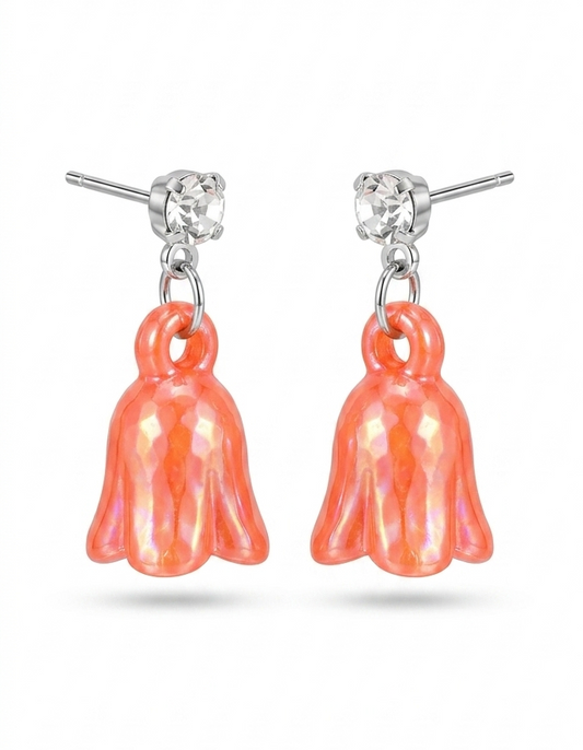 Elegant Shimmer Flower Dangle Earrings – Iridescent Peach Bell Flower Drop Pendant with Premium Faceted Crystal Stud, Hypoallergenic Silver-Tone Daily Fashion Jewelry for Women