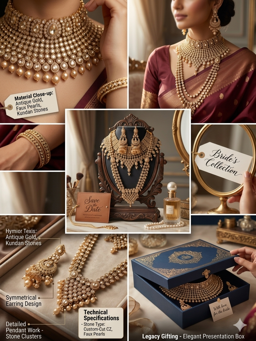 Aura Precision Bridal Jewelry Set for Women, 18K Gold Plated Kundan Necklace Set with Choker, Jhumka Earrings, Matha Patti, Haath Phool & Bangles for Wedding & Party Wear