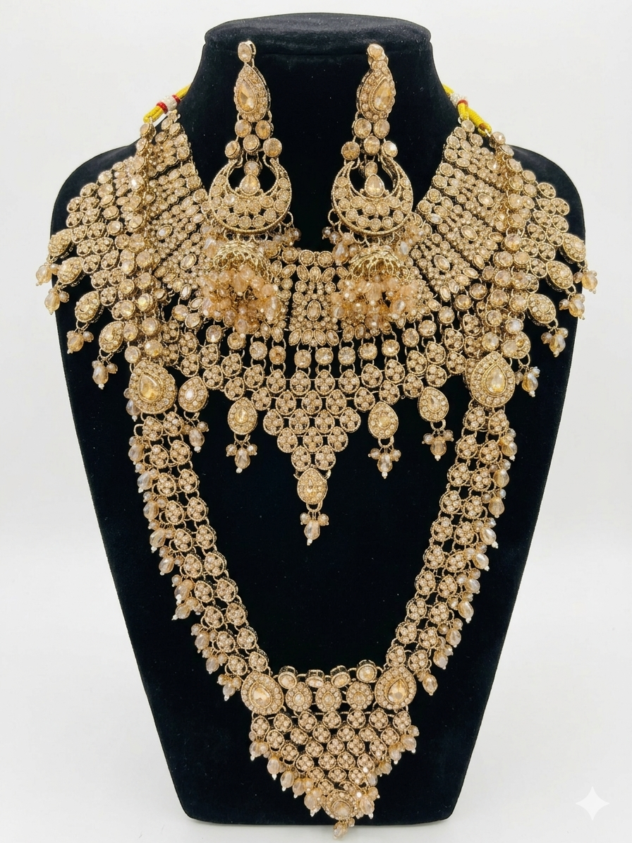 Aura Precision Bridal Jewelry Set for Women, 18K Gold Plated Kundan Necklace Set with Choker, Jhumka Earrings, Matha Patti, Haath Phool & Bangles for Wedding & Party Wear