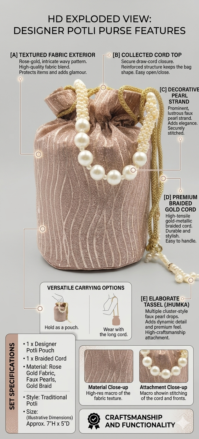 Harmal Store Designer Potli Purse for Women - Rose Gold Textured Fabric Ethnic Evening Bag with Decorative Pearl Strand, Braided Gold Cord & Jhumka Tassel, Traditional Wedding Festive Pouch Wallet