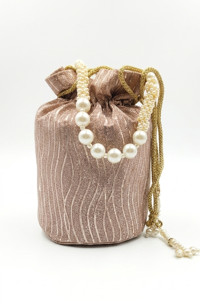 Harmal Store Designer Potli Purse for Women - Rose Gold Textured Fabric Ethnic Evening Bag with Decorative Pearl Strand, Braided Gold Cord & Jhumka Tassel, Traditional Wedding Festive Pouch Wallet
