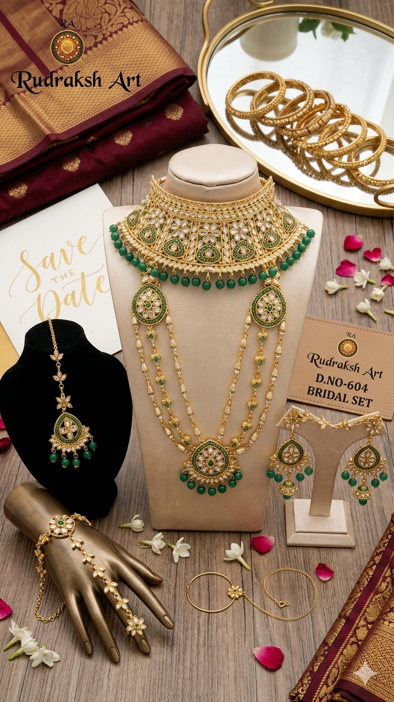Aura Precision Bridal Jewelry Set for Women, 18K Gold Plated Kundan Necklace Set with Choker, Jhumka Earrings, Matha Patti, Haath Phool & Bangles for Wedding & Party Wear