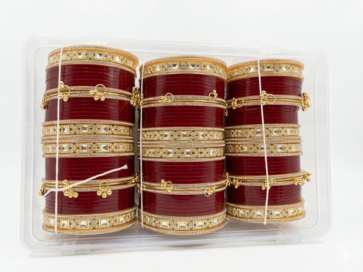 Traditional Indian Bridal Chura Set for Women, Red & Gold Kundan Bangles with Ghungroo Design, Handmade Punjabi Wedding Chooda Set for Bridal & Festive Wear