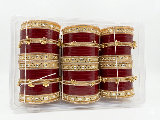 Traditional Indian Bridal Chura Set for Women, Red & Gold Kundan Bangles with Ghungroo Design, Handmade Punjabi Wedding Chooda Set for Bridal & Festive Wear
