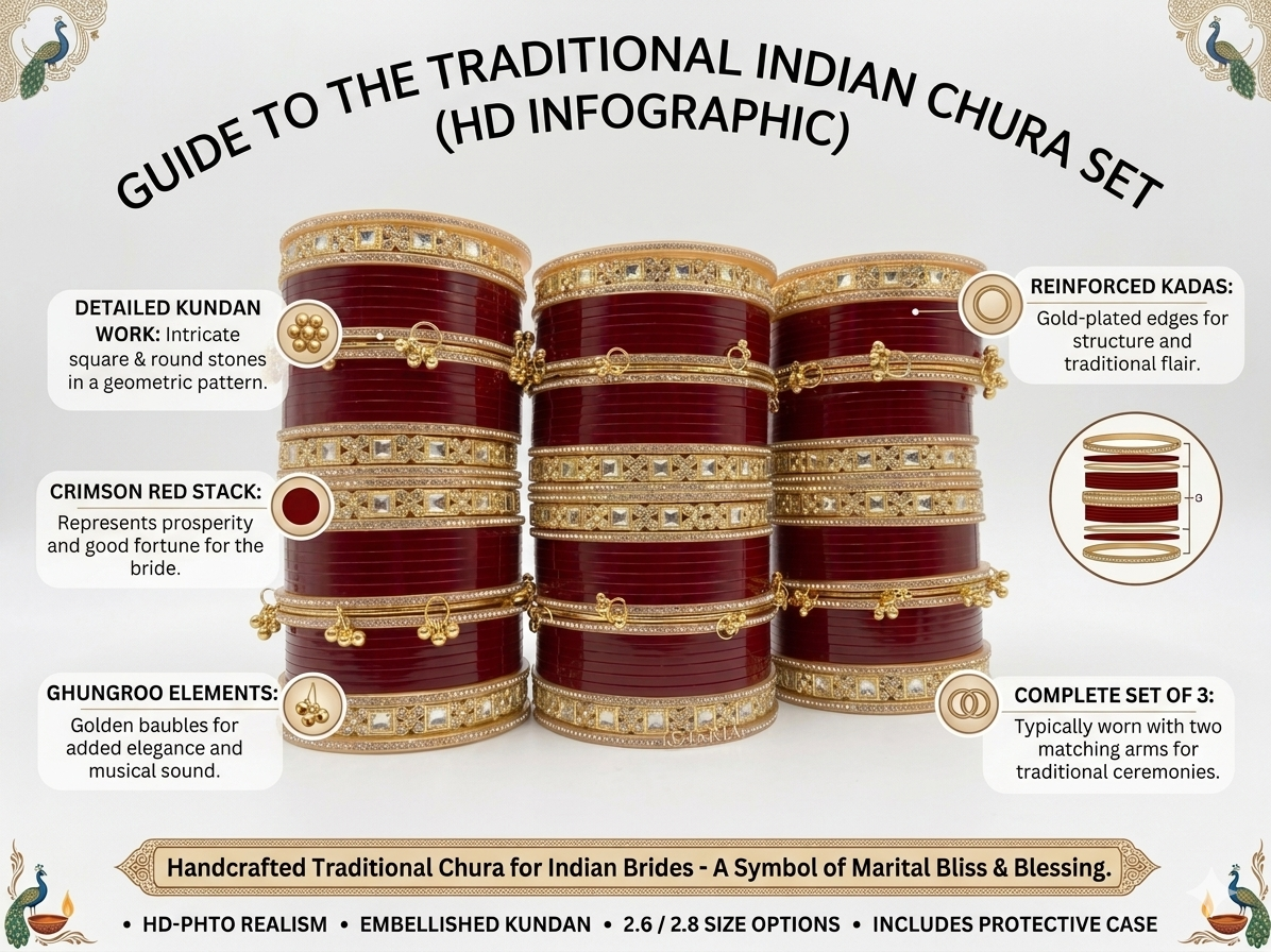 Traditional Indian Bridal Chura Set for Women, Red & Gold Kundan Bangles with Ghungroo Design, Handmade Punjabi Wedding Chooda Set for Bridal & Festive Wear