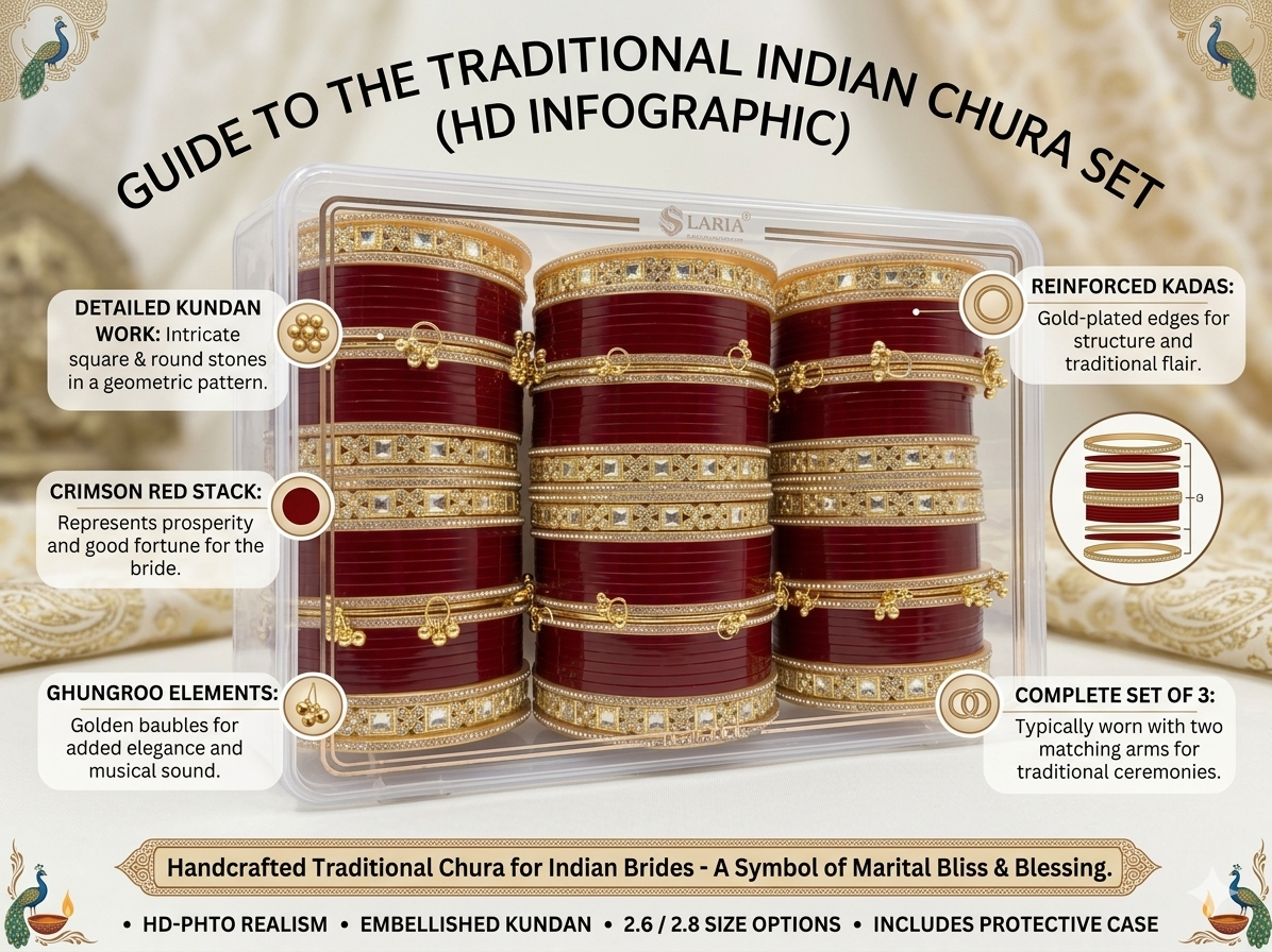 Traditional Indian Bridal Chura Set for Women, Red & Gold Kundan Bangles with Ghungroo Design, Handmade Punjabi Wedding Chooda Set for Bridal & Festive Wear