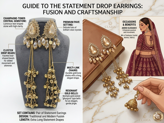 Statement Drop Earrings for Women – Long Gold-Tone Chandbali Style Earrings with Crystal Stones & Ghungroo Tassels for Wedding, Party & Festive Wear