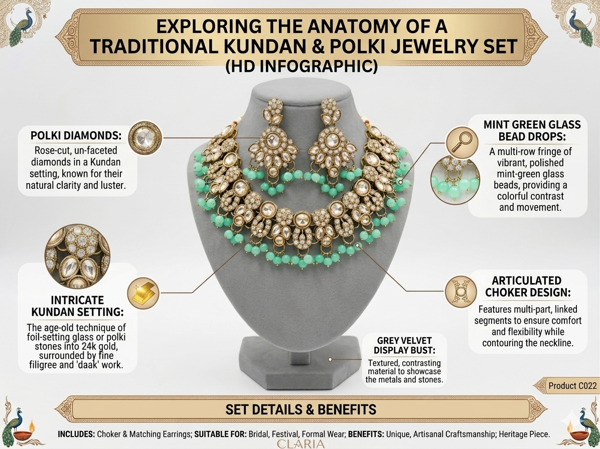 Traditional Kundan & Polki Jewelry Set for Women – Bridal Choker Necklace with Earrings, Mint Green Beads, Ethnic Wedding & Festive Jewellery Set