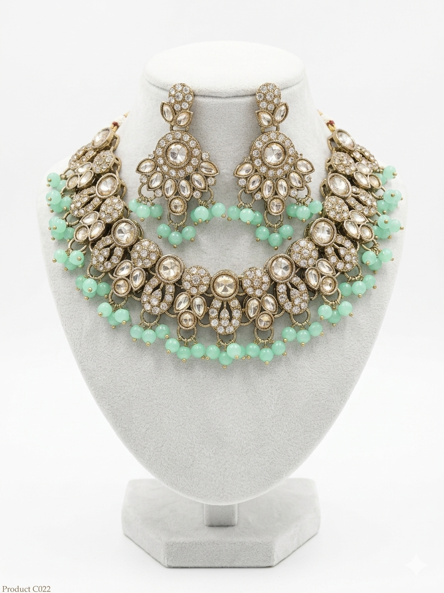 Traditional Kundan & Polki Jewelry Set for Women – Bridal Choker Necklace with Earrings, Mint Green Beads, Ethnic Wedding & Festive Jewellery Set