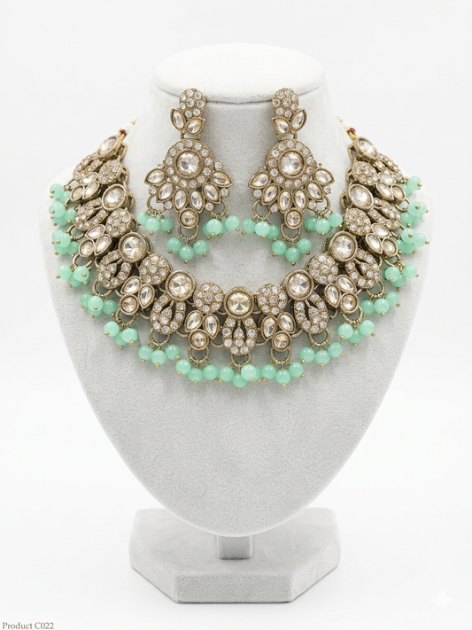 Traditional Kundan & Polki Jewelry Set for Women – Bridal Choker Necklace with Earrings, Mint Green Beads, Ethnic Wedding & Festive Jewellery Set