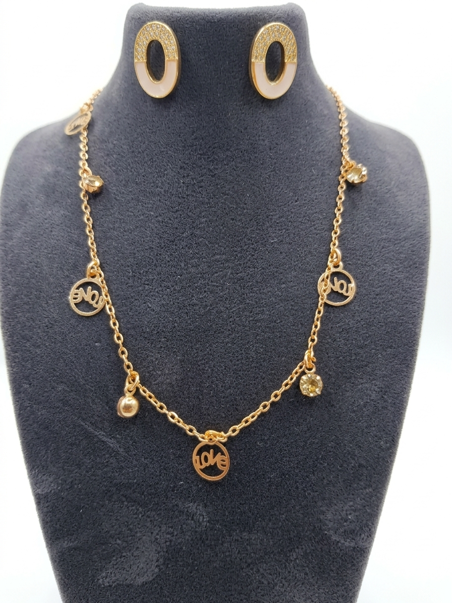 Claria Love Charm Jewelry Set for Women, Gold Plated Necklace & Stud Earrings Set with Multi-Charm Chain, Hypoallergenic Fashion Jewelry Gift Set