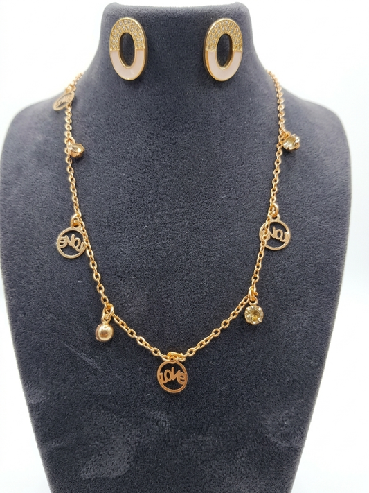 Claria Love Charm Jewelry Set for Women, Gold Plated Necklace & Stud Earrings Set with Multi-Charm Chain, Hypoallergenic Fashion Jewelry Gift Set