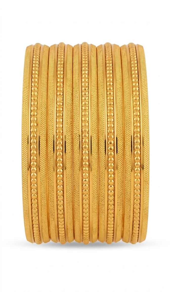 1 Gram Gold Plated Leaf Textured Bangle for Women set of 4 - 2.4cm Wide Premium Gold Plated Alloy Kada Bracelet with Sparkling Facets, Traditional Textured Leaf Design Jewelry Gift for Festive Wear