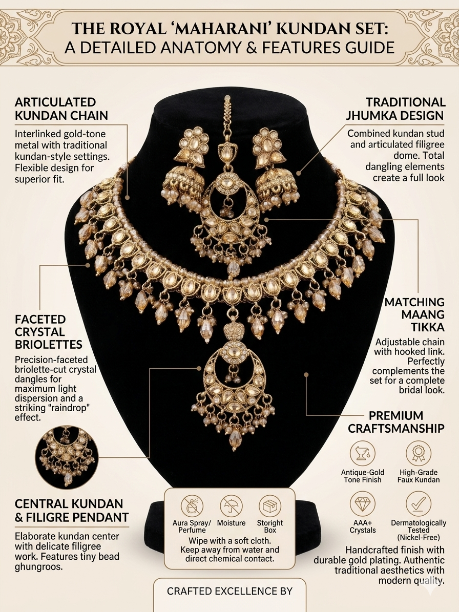Royal Maharani Kundan Jewelry Set for Women | Antique Gold Plated Bridal Necklace Set with Jhumka Earrings & Maang Tikka | Traditional Indian Wedding Jewelry