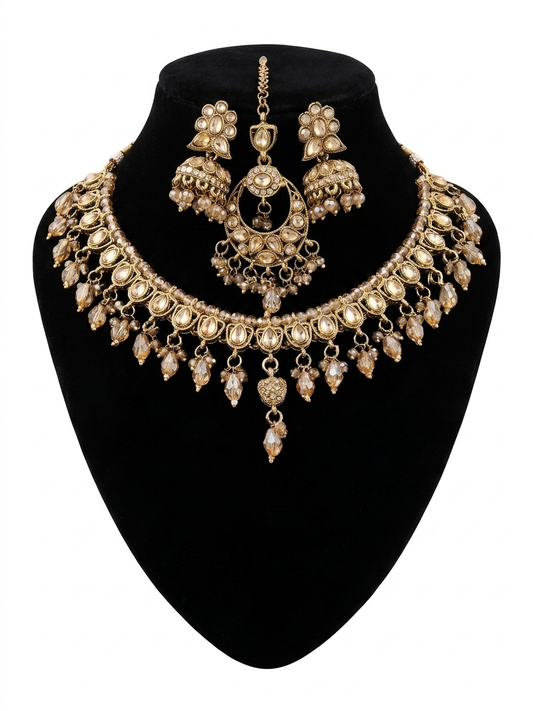 Royal Maharani Kundan Jewelry Set for Women | Antique Gold Plated Bridal Necklace Set with Jhumka Earrings & Maang Tikka | Traditional Indian Wedding Jewelry