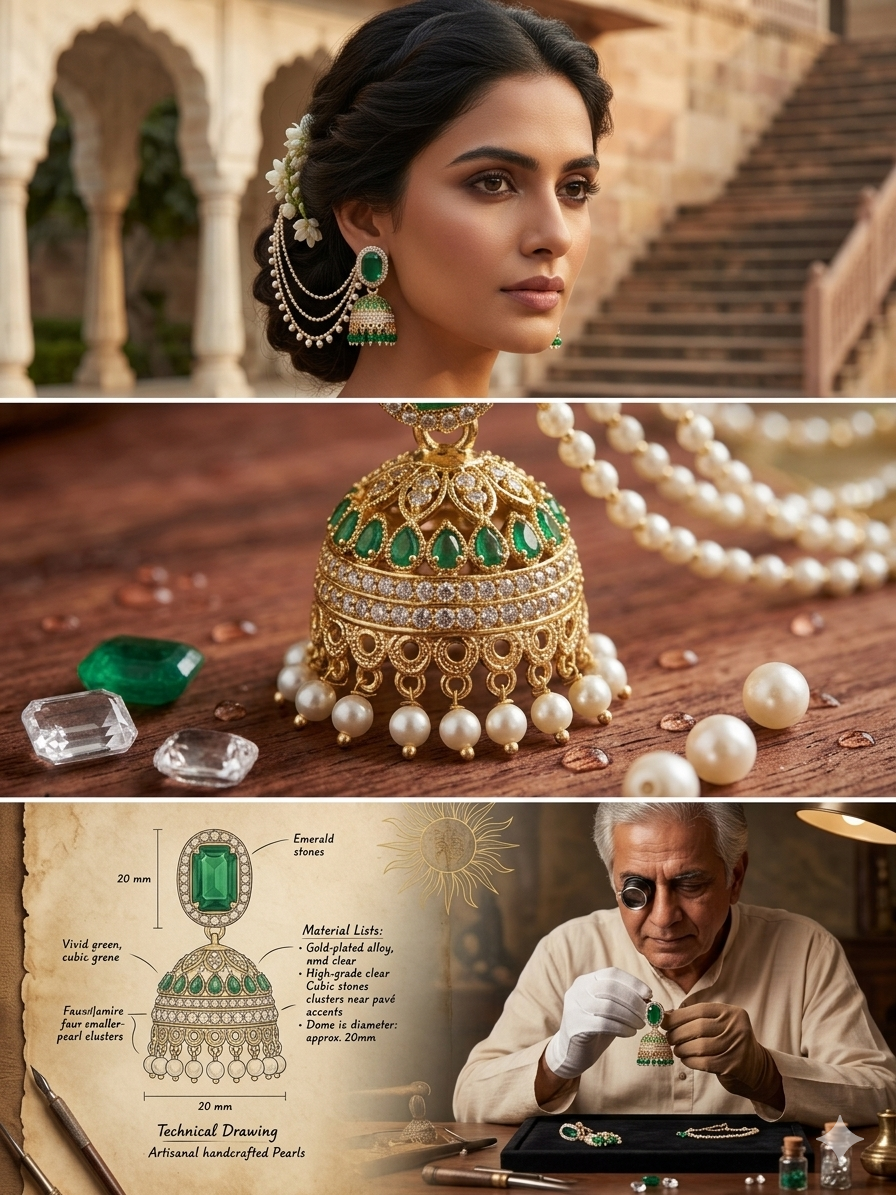 Royal Jhumka Sahare Earrings for Women | Green Cubic Zirconia Pearl Chain Earrings | Mughal Style Gold Plated Bridal Jhumki Jewelry