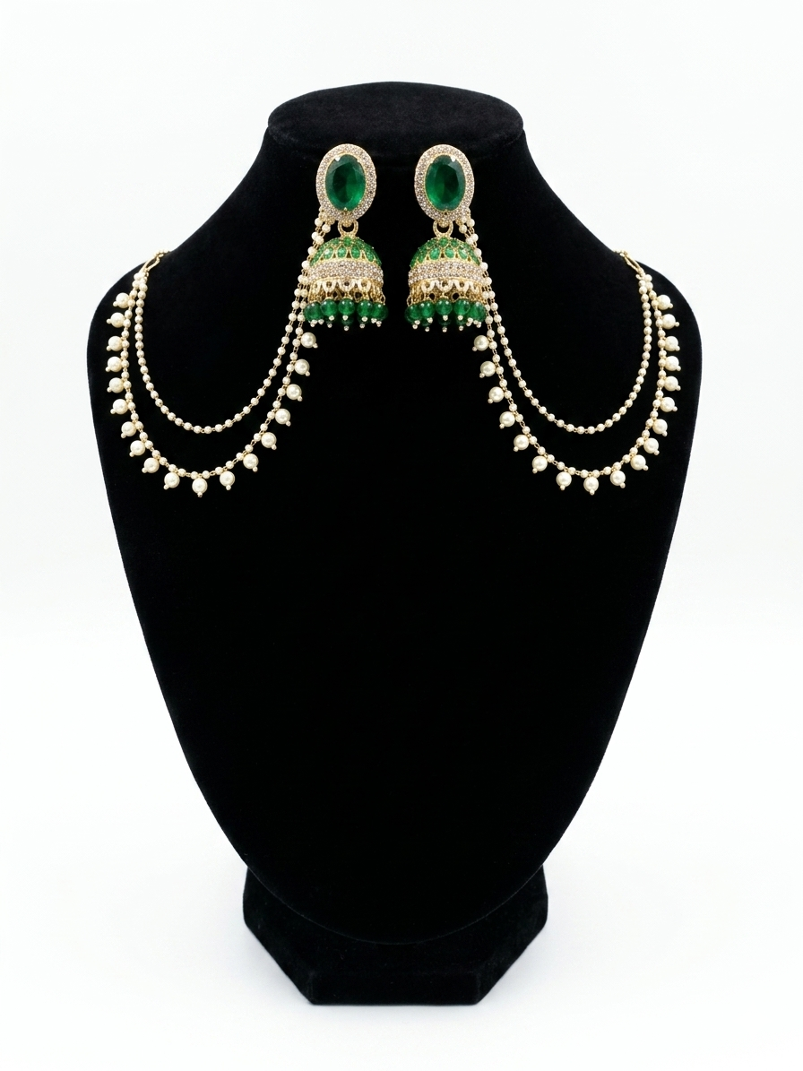 Royal Jhumka Sahare Earrings for Women | Green Cubic Zirconia Pearl Chain Earrings | Mughal Style Gold Plated Bridal Jhumki Jewelry