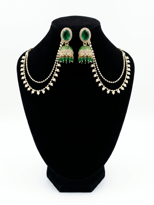 Royal Jhumka Sahare Earrings for Women | Green Cubic Zirconia Pearl Chain Earrings | Mughal Style Gold Plated Bridal Jhumki Jewelry