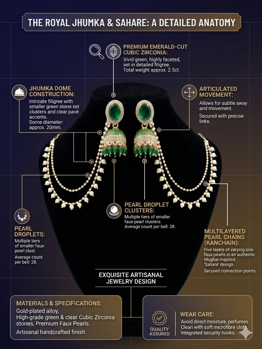 Royal Jhumka Sahare Earrings for Women | Green Cubic Zirconia Pearl Chain Earrings | Mughal Style Gold Plated Bridal Jhumki Jewelry