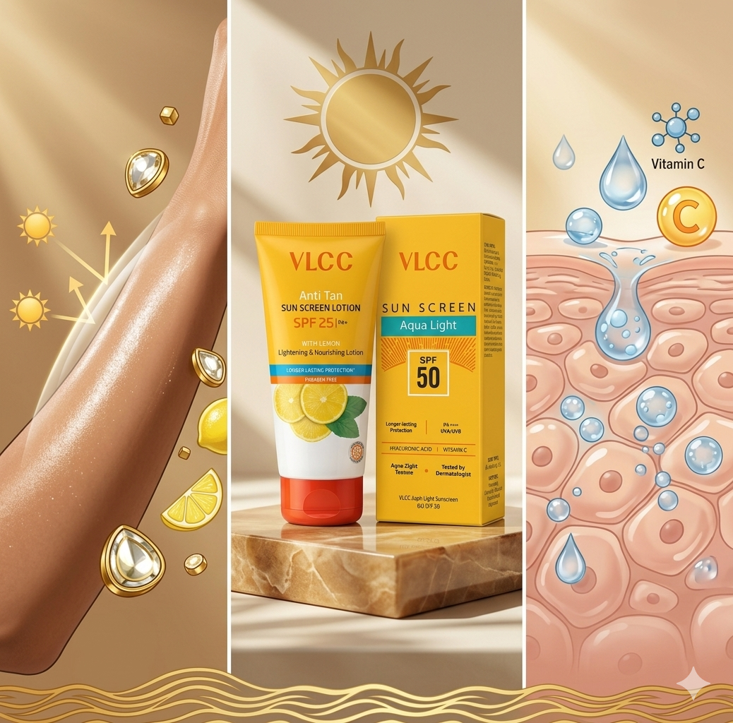 VLCC Anti Tan Sunscreen Lotion SPF 25 PA+ & Aqua Light Sunscreen Gel SPF 50 | UVA UVB Protection with Vitamin C & Hyaluronic Acid for All Skin Types