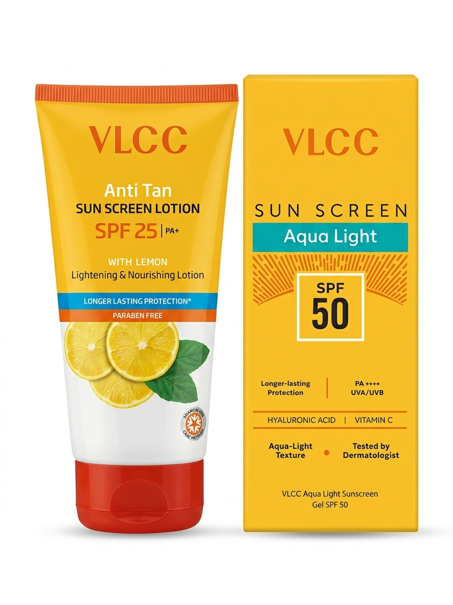 VLCC Anti Tan Sunscreen Lotion SPF 25 PA+ & Aqua Light Sunscreen Gel SPF 50 | UVA UVB Protection with Vitamin C & Hyaluronic Acid for All Skin Types