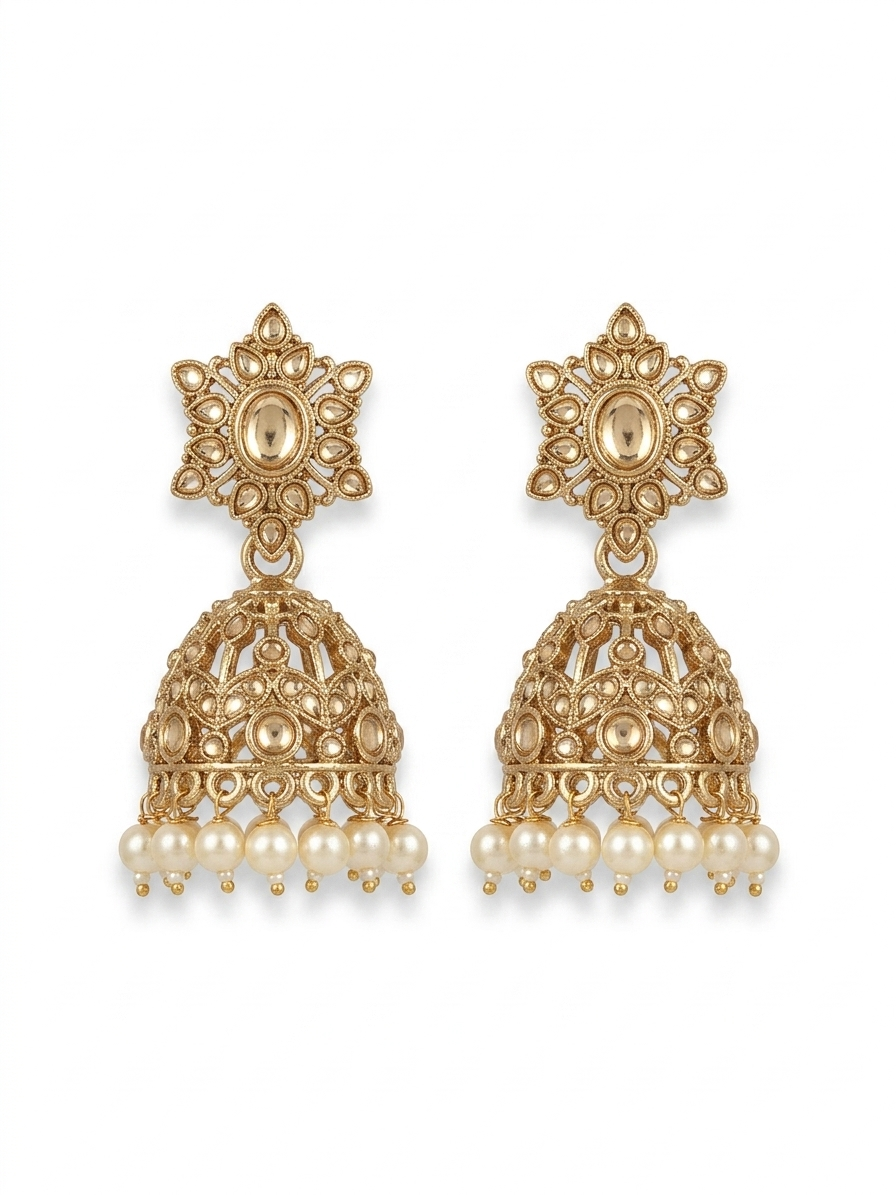 Traditional Indian Jhumka Earrings for Women | Gold Plated Kundan Style Pearl Drop Ethnic Earrings | Bridal Wedding Festive Jewelry