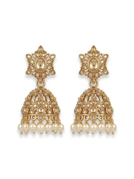 Traditional Indian Jhumka Earrings for Women | Gold Plated Kundan Style Pearl Drop Ethnic Earrings | Bridal Wedding Festive Jewelry