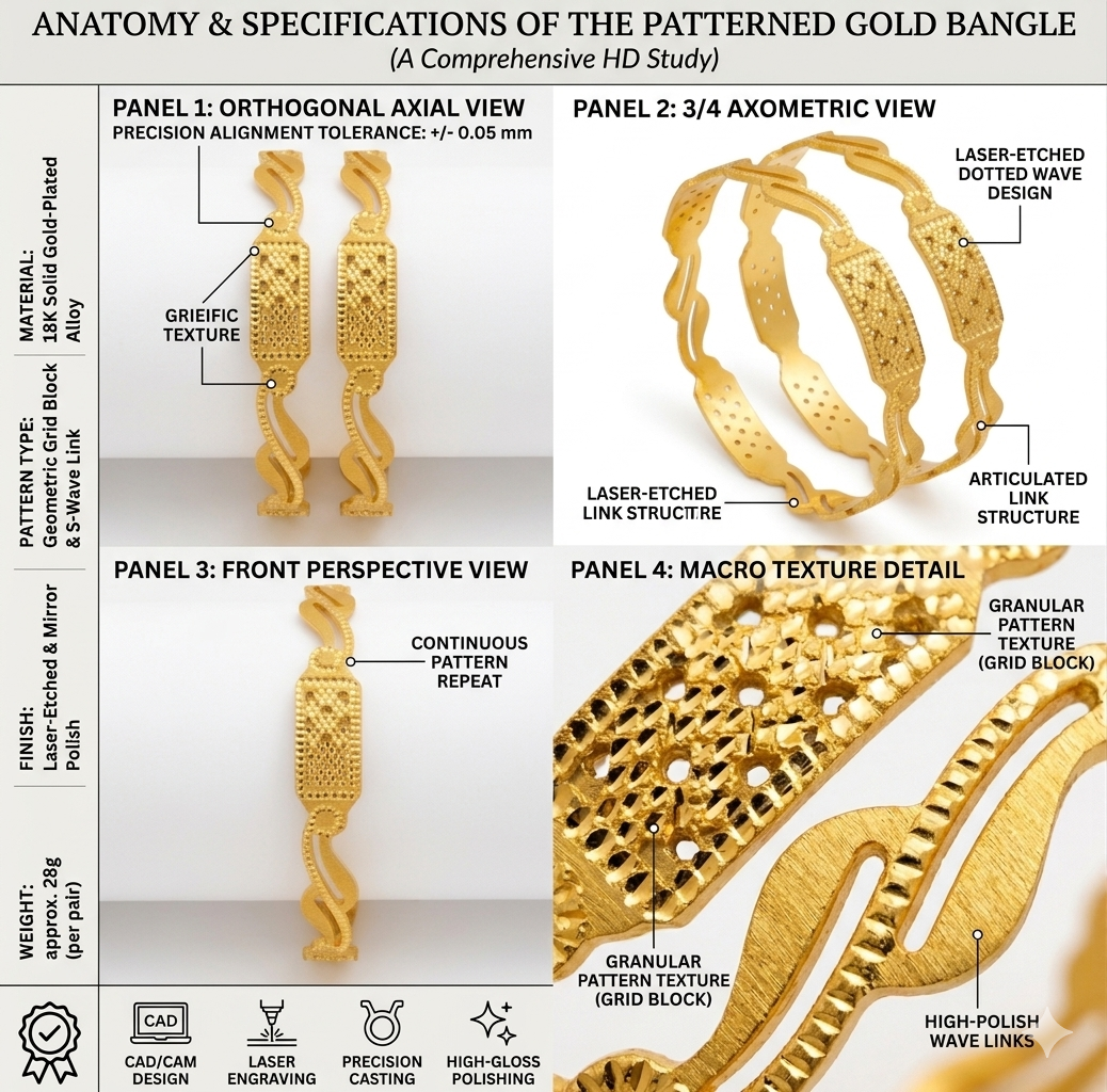 Patterned Gold Plated Bangles for Women | Laser Etched Designer Kada Bracelet Set | Traditional Ethnic Jewelry for Wedding & Festive Wear