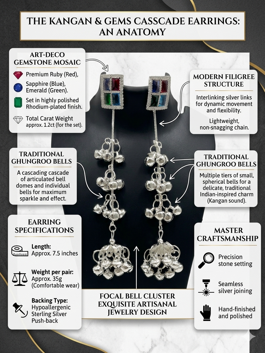 Kangan Gems Cascade Earrings for Women | Silver Plated Ghungroo Long Drop Earrings with Multicolor Gemstones |