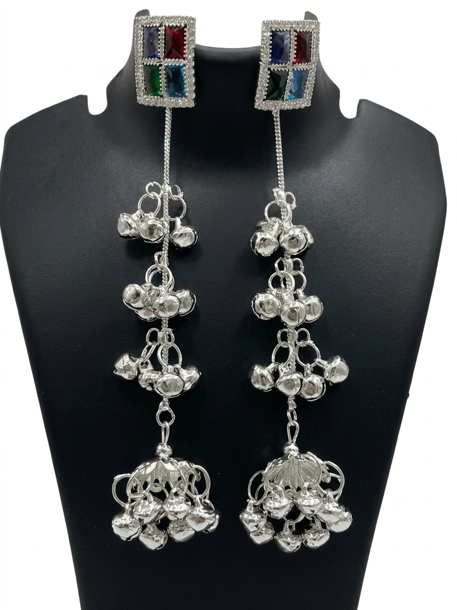 Kangan Gems Cascade Earrings for Women | Silver Plated Ghungroo Long Drop Earrings with Multicolor Gemstones |