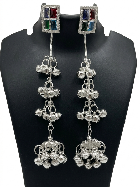 Kangan Gems Cascade Earrings for Women | Silver Plated Ghungroo Long Drop Earrings with Multicolor Gemstones |