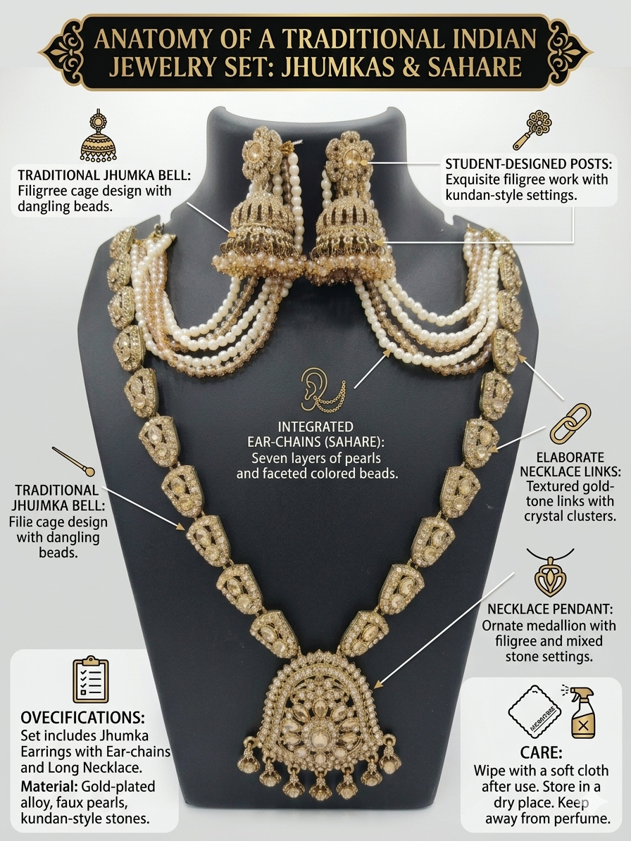 Traditional Indian Jhumka Sahare Jewelry Set for Women | Gold Plated Pearl Layer Necklace Set with Earrings | Bridal Wedding Ethnic Jewelry