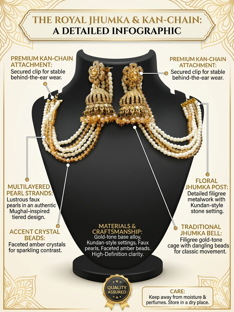 Royal Jhumka Kan Chain Earrings for Women | Gold Plated Pearl Sahare Jhumki Earrings | Traditional Bridal Ethnic Jewelry Set