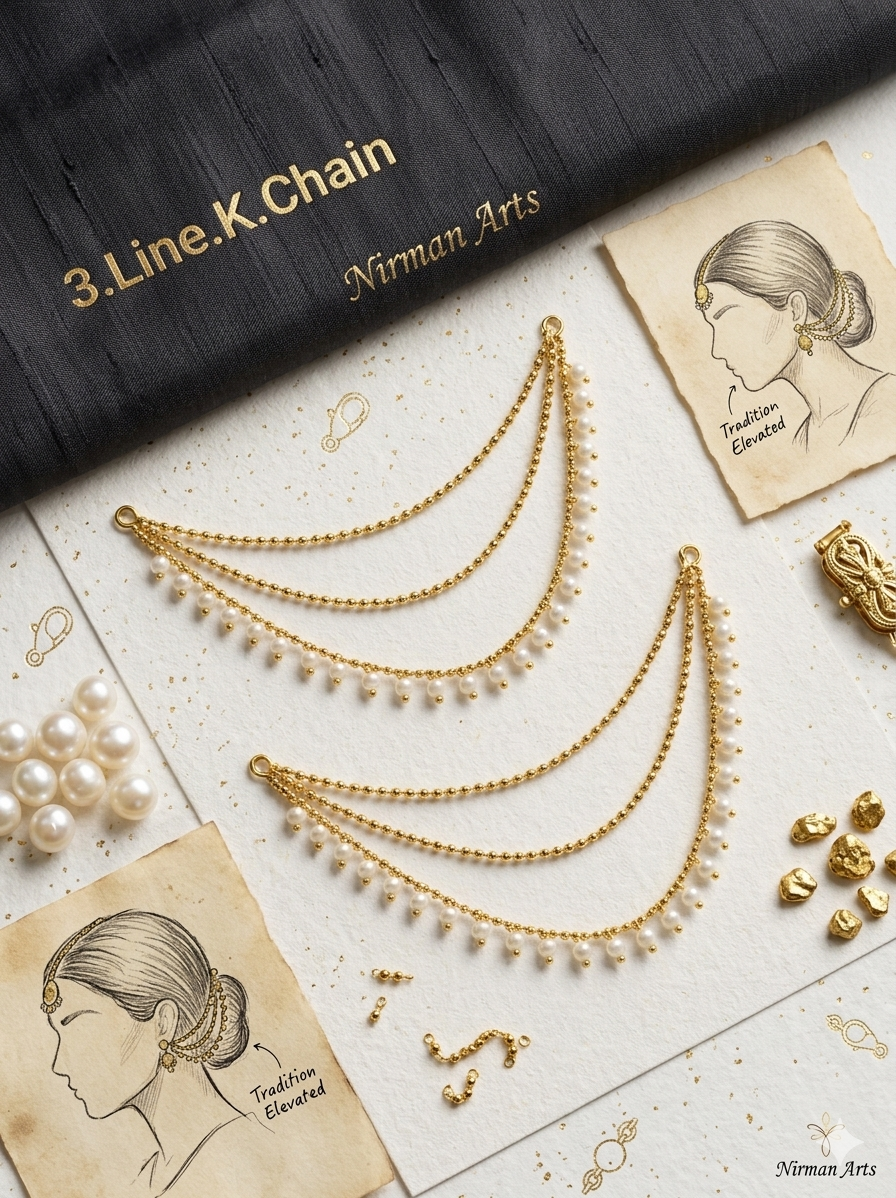 3 Line Kan Chain for Jhumka Earrings | Gold Plated Pearl Ear Chain Accessory for Women | Traditional Kundan Style Sahare Jewelry