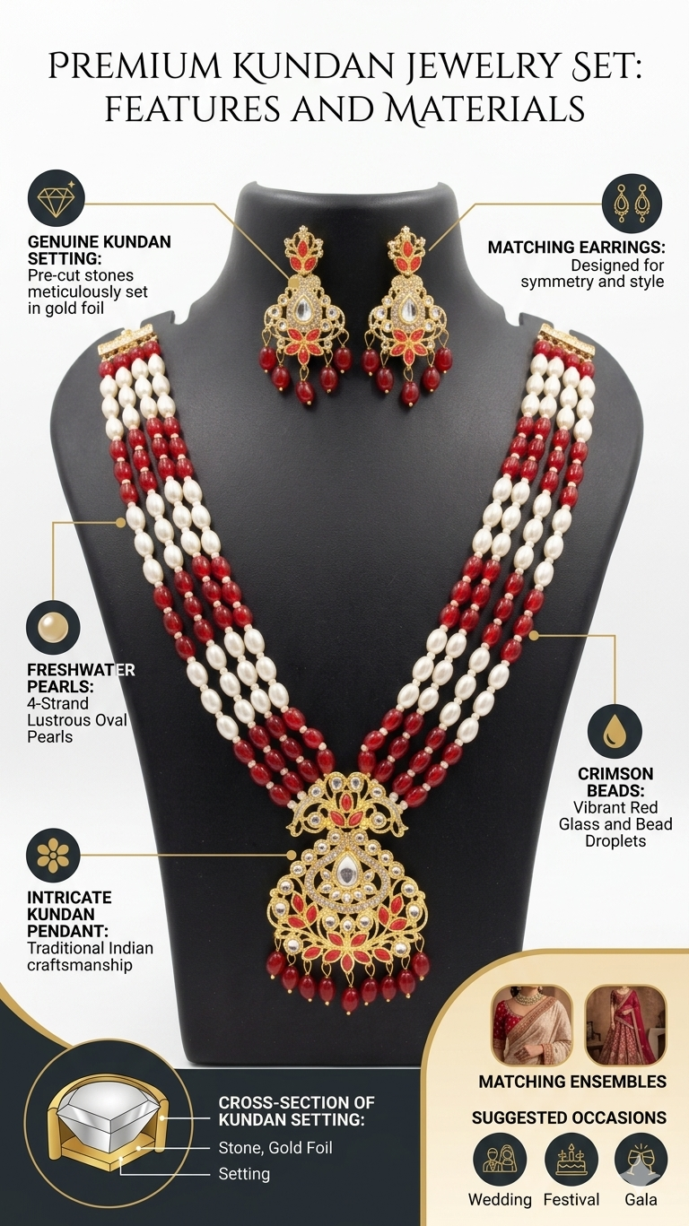 Premium Kundan Jewelry Set for Women | Red Pearl Layered Necklace Set with Matching Earrings | Traditional Bridal Wedding Ethnic Jewelry