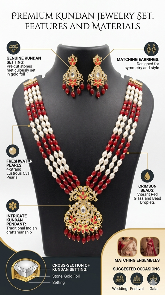 Premium Kundan Jewelry Set for Women | Red Pearl Layered Necklace Set with Matching Earrings | Traditional Bridal Wedding Ethnic Jewelry