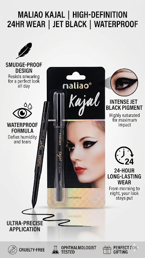 Maliao Kajal Jet Black Waterproof Eyeliner Pencil | 24 Hour Smudge Proof Long Lasting Kajal for Women | Intense Black Eye Makeup