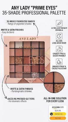 Any Lady Prime Eyes 35 Shade Eyeshadow Palette | Professional Matte & Glitter Eye Makeup Palette for Women | Highly Pigmented Long Lasting Nude Smokey Shades