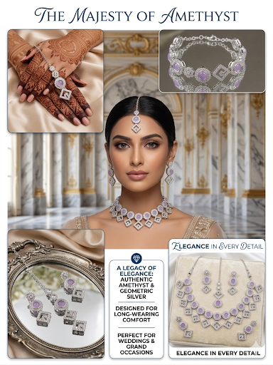 Royal Amethyst Silver Choker Jewelry Set for Women | Cubic Zirconia Bridal Necklace Set with Earrings & Maang Tikka | Wedding Party Jewelry