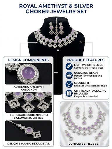 Royal Amethyst Silver Choker Jewelry Set for Women | Cubic Zirconia Bridal Necklace Set with Earrings & Maang Tikka | Wedding Party Jewelry