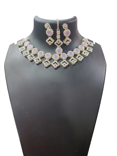 Royal Amethyst Silver Choker Jewelry Set for Women | Cubic Zirconia Bridal Necklace Set with Earrings & Maang Tikka | Wedding Party Jewelry